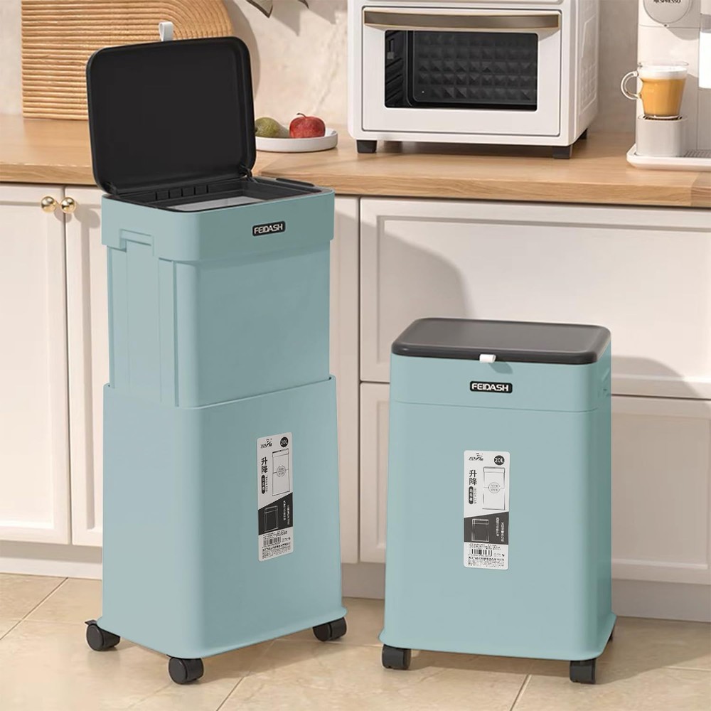 Kitchen Trash Can with Wheels, Adjustable Height 20L/5.3Gal Rolling Garbage C...