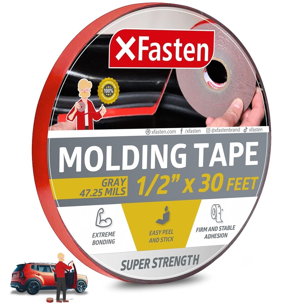 XFasten Super Strength Automotive Molding Tape, Gray, 1/2-Inch x 30-Foot, Double