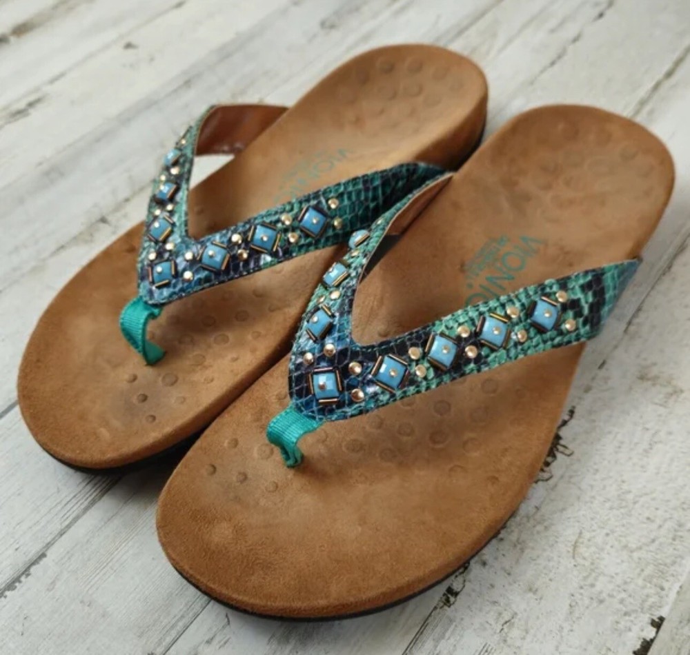 NEW Vionic Floriana Women's Green Turquoise Jeweled Snakeskin Sandals Size 7
