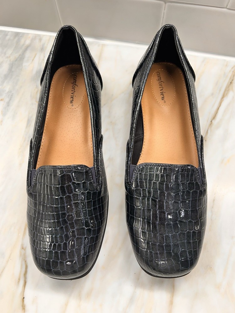 Comfort View Leisa Women's Slip On Flat Loafers 10.5 Navy Croc Faux Patent Shoes