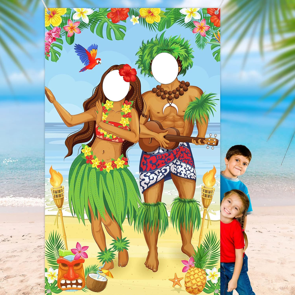 Luau Couple Photo Backdrop Hawaiian Party Decor Tiki Themed Banner