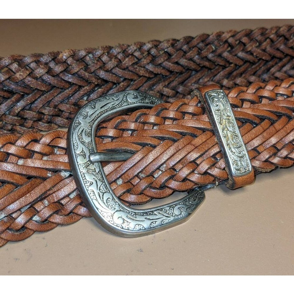 Vintage Woven Leather Belt Silver Metal Floral Filigree Buckle COWGIRL Brown M/L