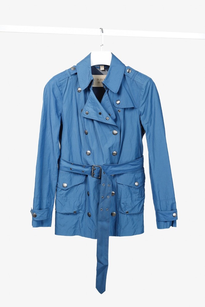 Burberry Brit Blue Double-Breasted Belted Short Rain Coat, Size S