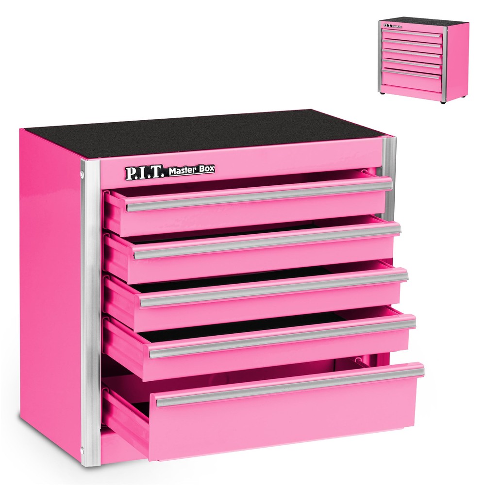 P.I.T. Mini Pink Tool Box, Portable 5-Drawer Micro Roll Cab Steel Stackable T...