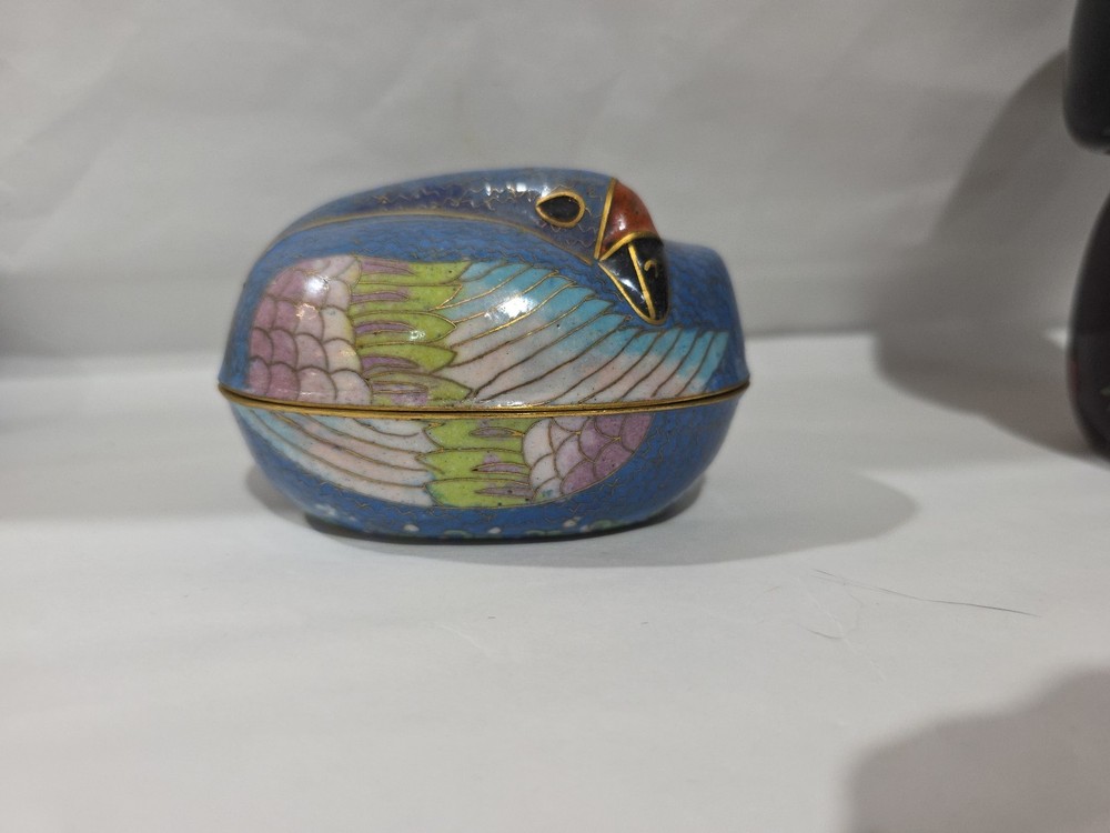 Vintage Teal Blue Gold Cloisonné Goose Enamel Trinket Box with Bird Inlay