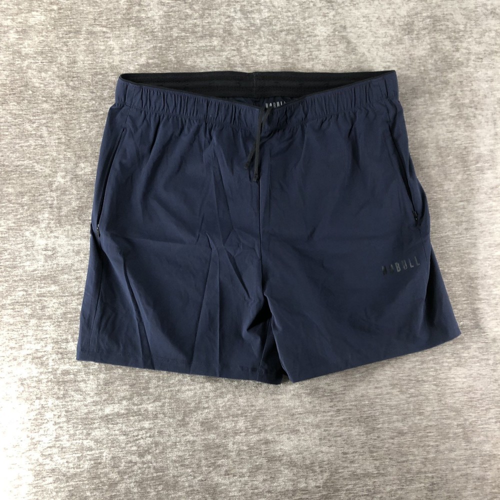 NOBULL Men's Athletic Shorts Navy Blue Logo Drawstring Pockets Size XL 9.5