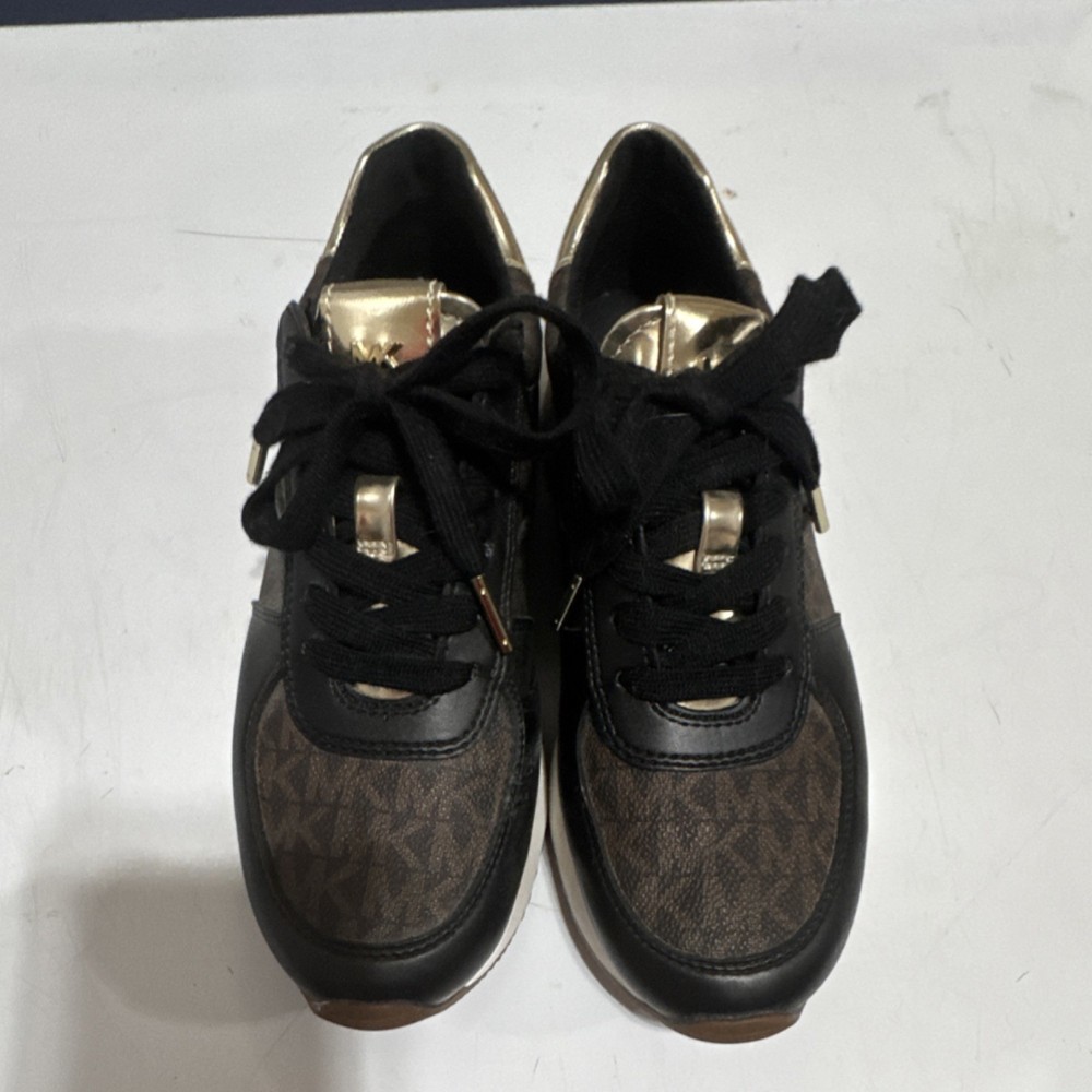 Michael Kors Brown Black Gold Logo Lace-Up Low Top Sneakers Metallic Accents