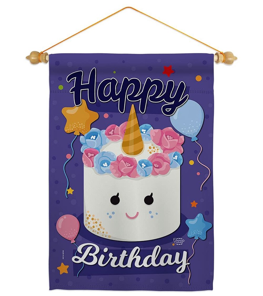 Unicorn Birthday Cake Garden Flag Set with Wood Dowel and Celebration Gift Can