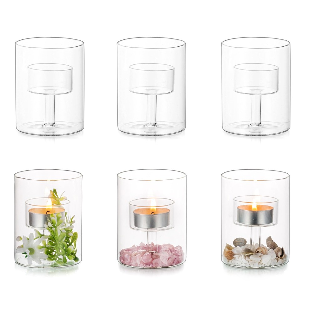Elegant Glass Tealight Candle Holder Set - 6 Hurricane Cylinder Votives