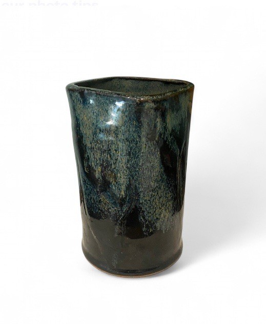 Handmade Studio Art Pottery Vase with Blue Black Drip Glaze Signed Bottom