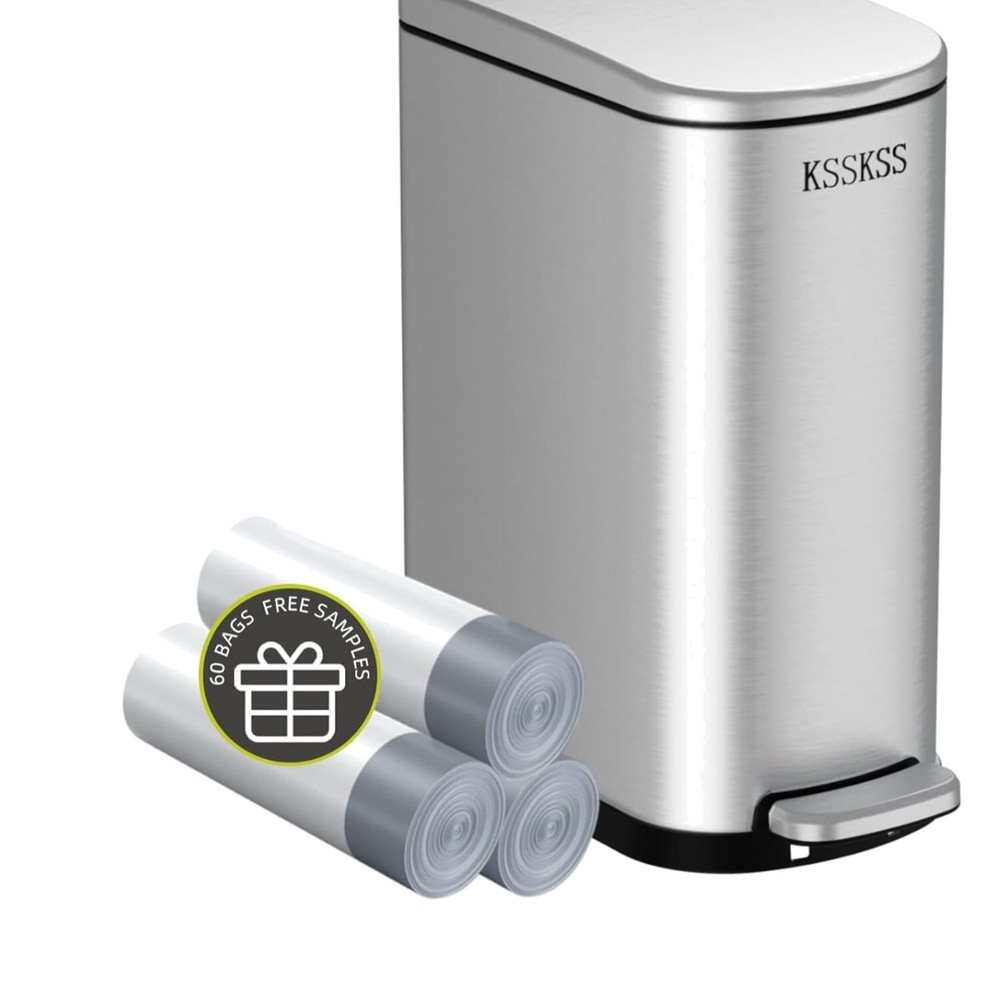 2.6 Gallon Slim Bathroom Bin with Easy Care Liner Bucket & Stay-Open Lid Feature