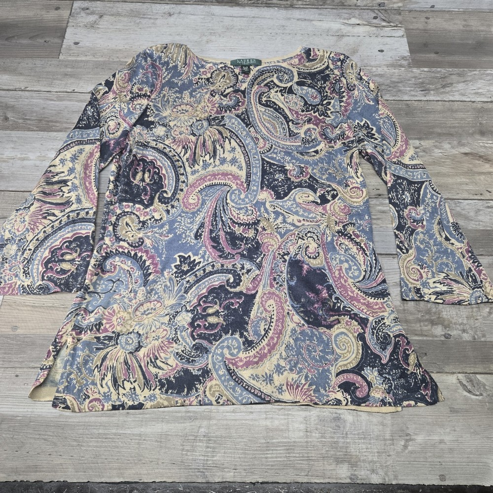 Ralph Lauren Shirt Womens Petite Large Multicolor Paisley Silk Long Sleeve