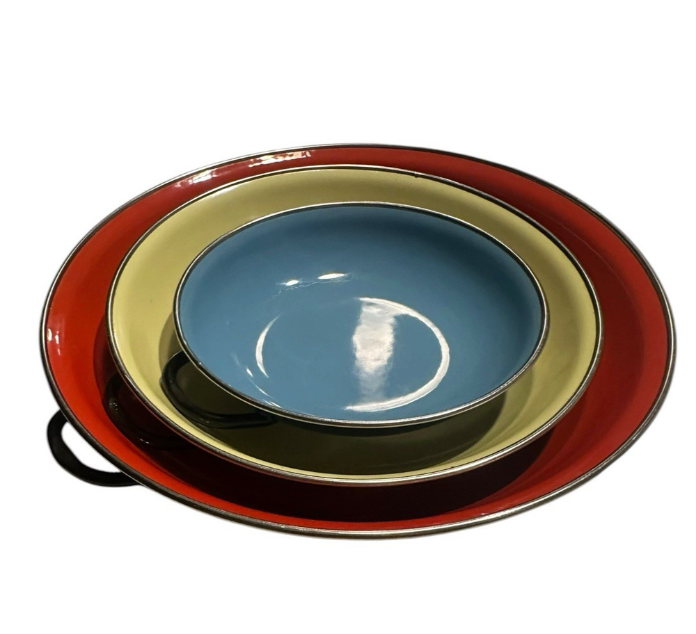 Vintage MCM Enamelware Nesting Pan Set Emo Celje Yugoslavia Blue Yellow Red