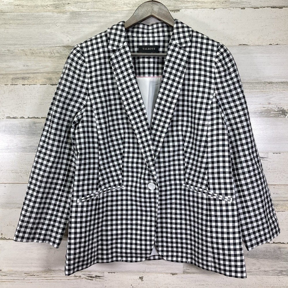 Talbots Womens Black & White Checked Plaid Lined Linen Blend Blazer Jacket Sz 12