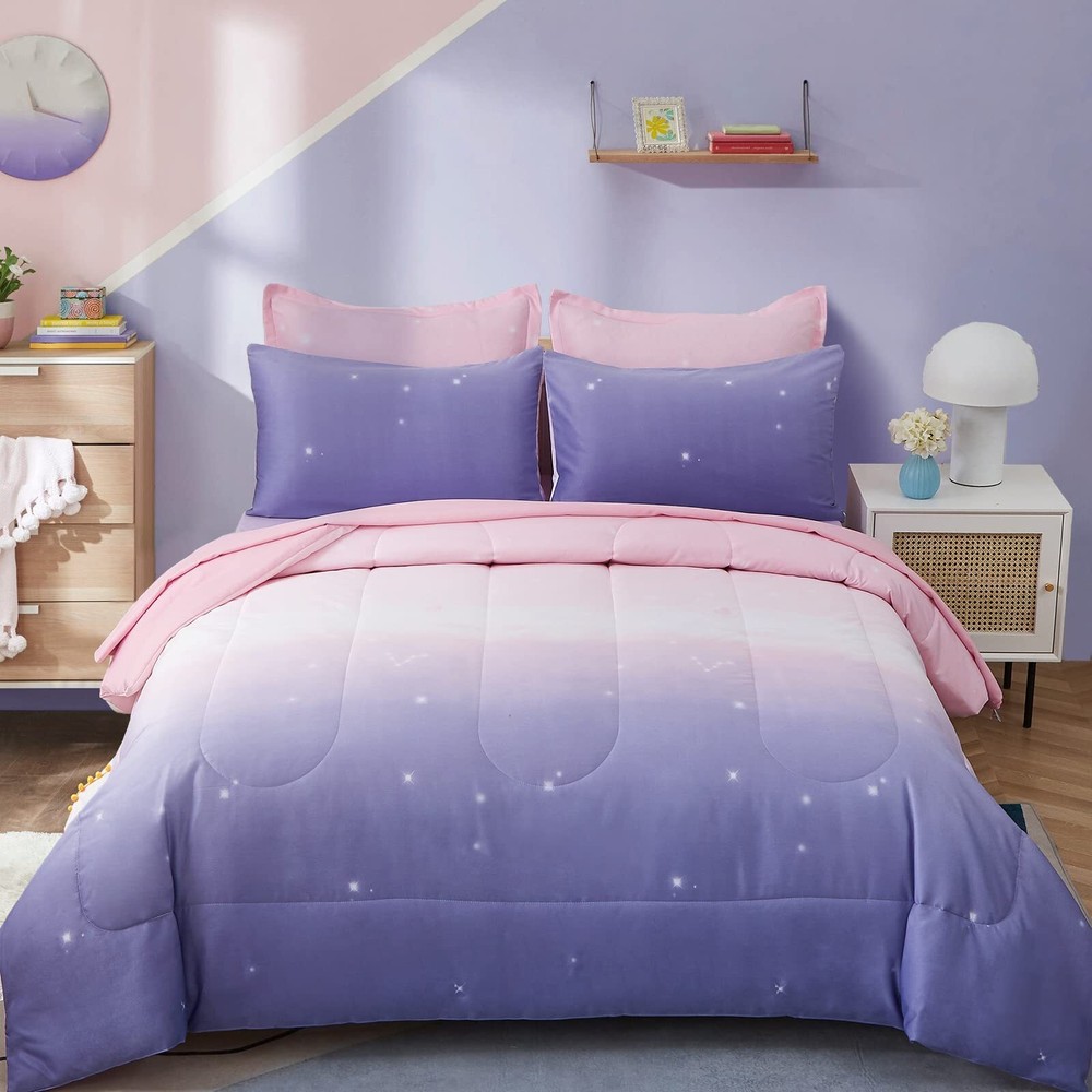 Girls Comforter Set Queen Size 7 Pieces Bed in A Bag Ombre Pink Purple Rainbo...