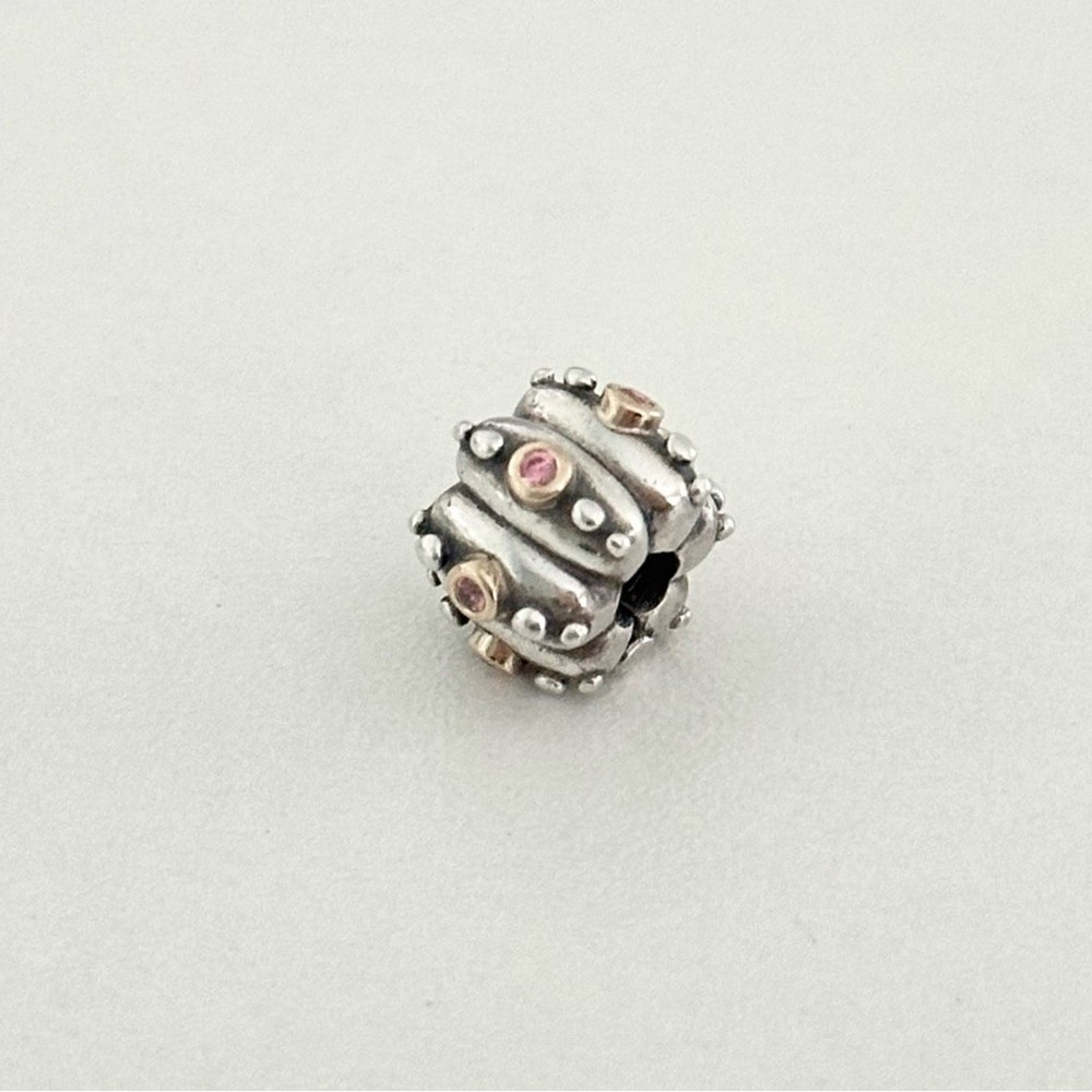 Pandora Retired Rare 925 Silver & 14K Gold 2-Tone Salmon Pink CZ Fusion Clip Charm Bead