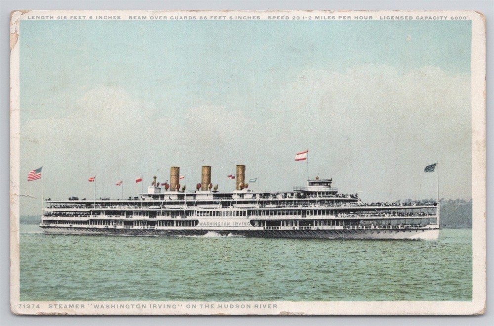 Steamer Washington Irving On The Hudson River C1916 Postcard AJ12