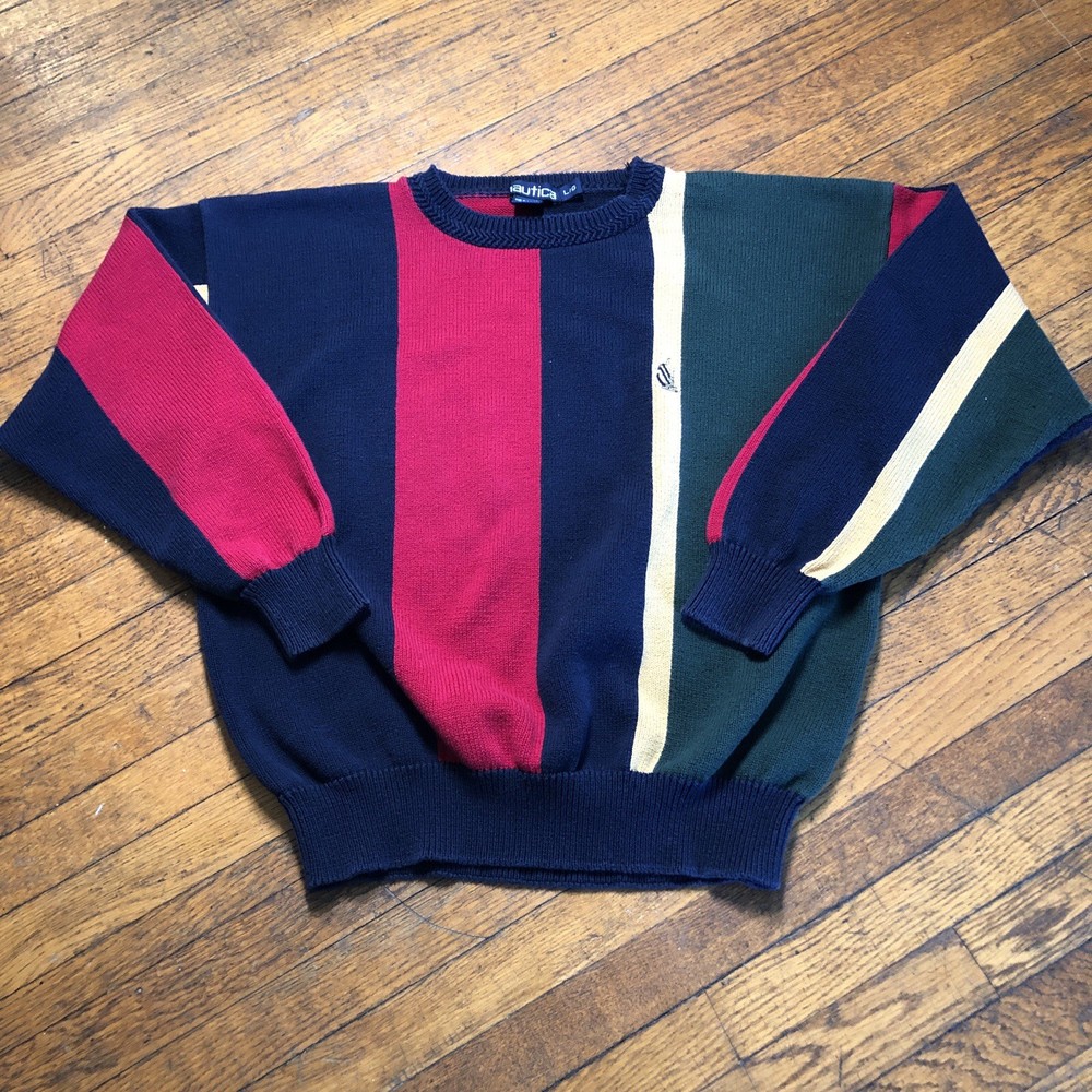 Vintage 90s Nautica Crewneck Sweater Men Size L Colorblock Striped Preppy