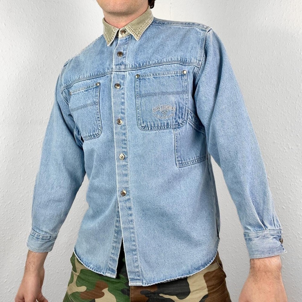 Vintage Guess Denim Jean Utility Shirt Workwear Chore Overshirt Shacket 80s 90s