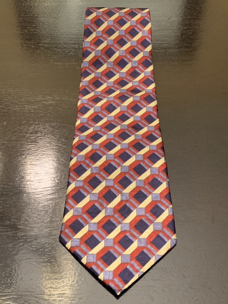 David Taylor Men’s Geometric Polyester Tie in Red Maroon Gold Navy USA-Made  