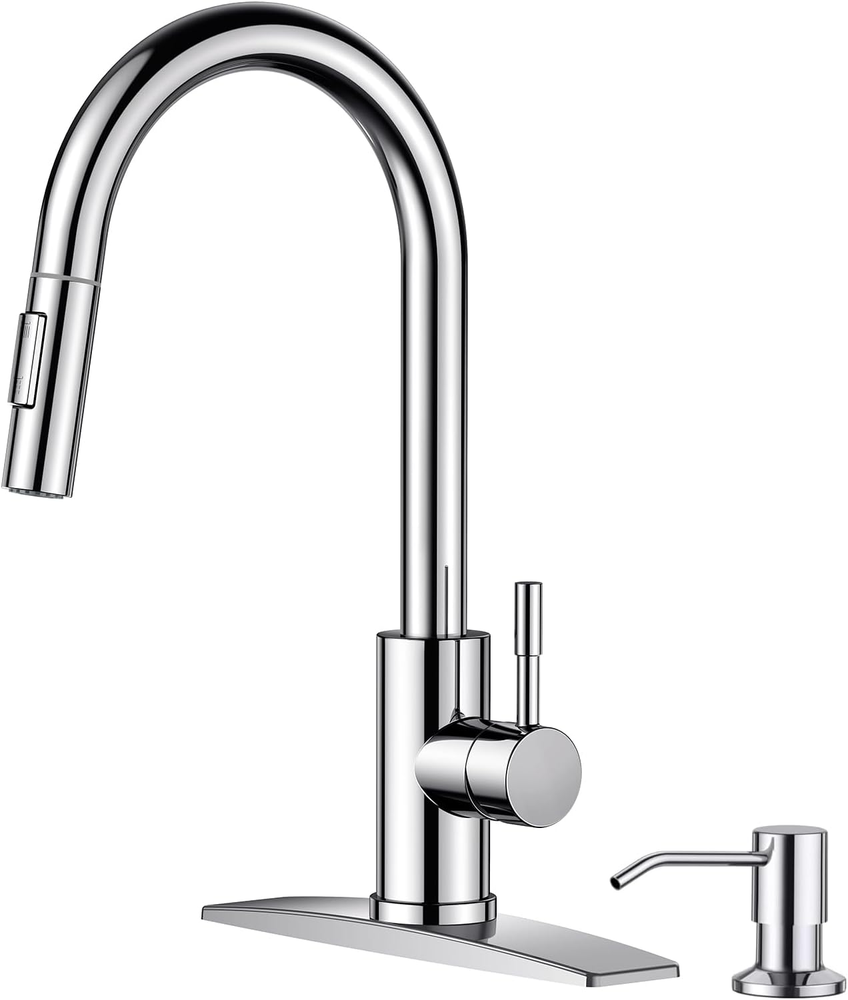 Modern High Arc Chrome Kitchen Faucet with Pull-Out Spray and Soap Dispenser