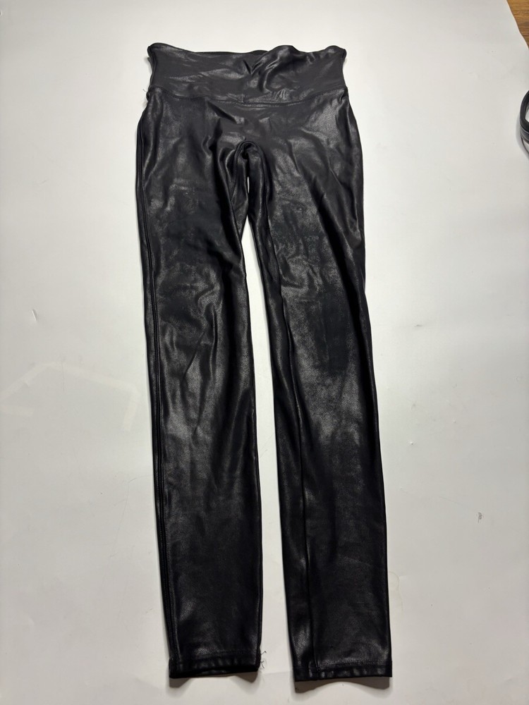 Spanx Womens  Faux Leather Satin Motocycle Leggings Black Size Medium