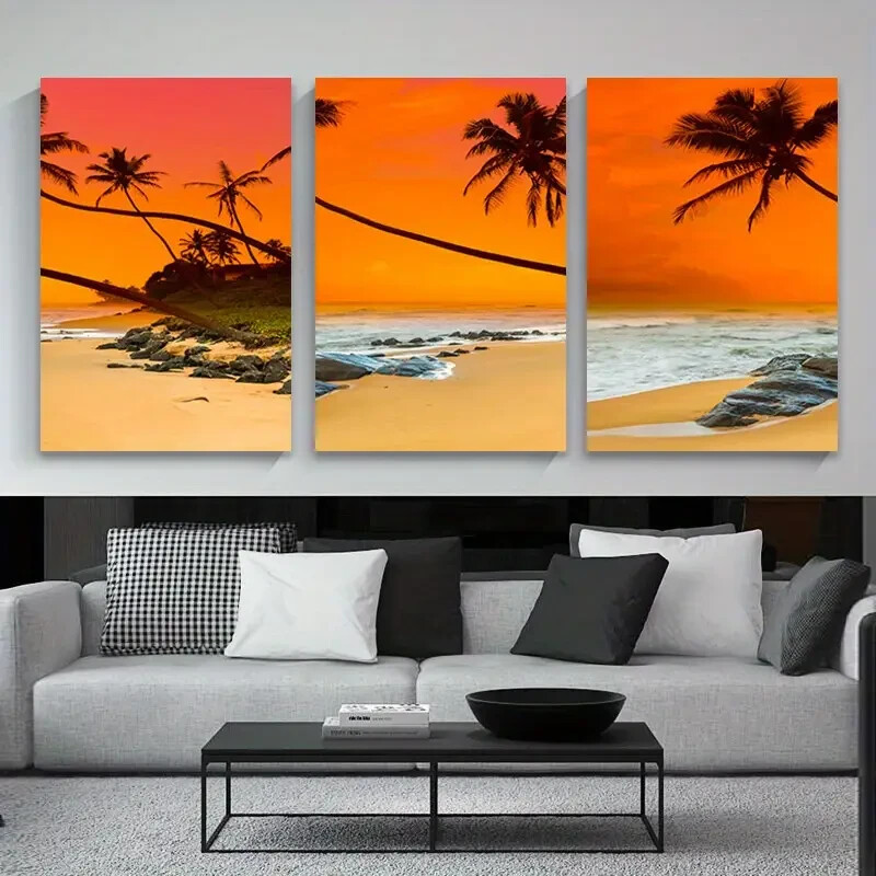3pcs  Modern Seascape Wall Art Sunset Over The Sea Print Canvas Unframed