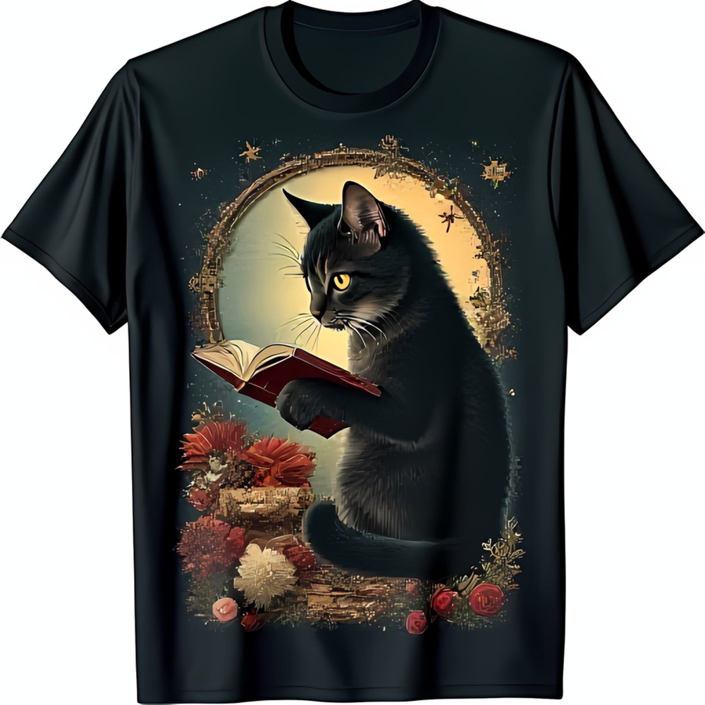 Charming Black T-Shirt with Black Cat & Yellow Eyes Reading a Book in Floral