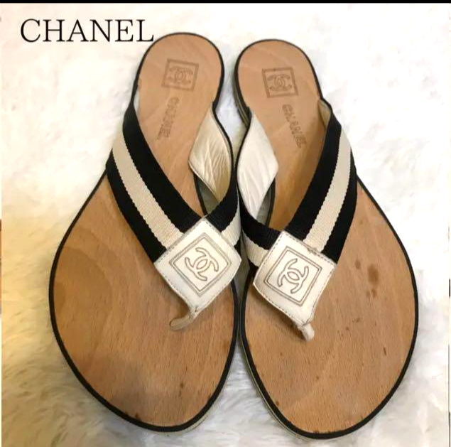 CHANEL Black White Striped CC Logo Thong Sandals Wood Sole Size 37 #686
