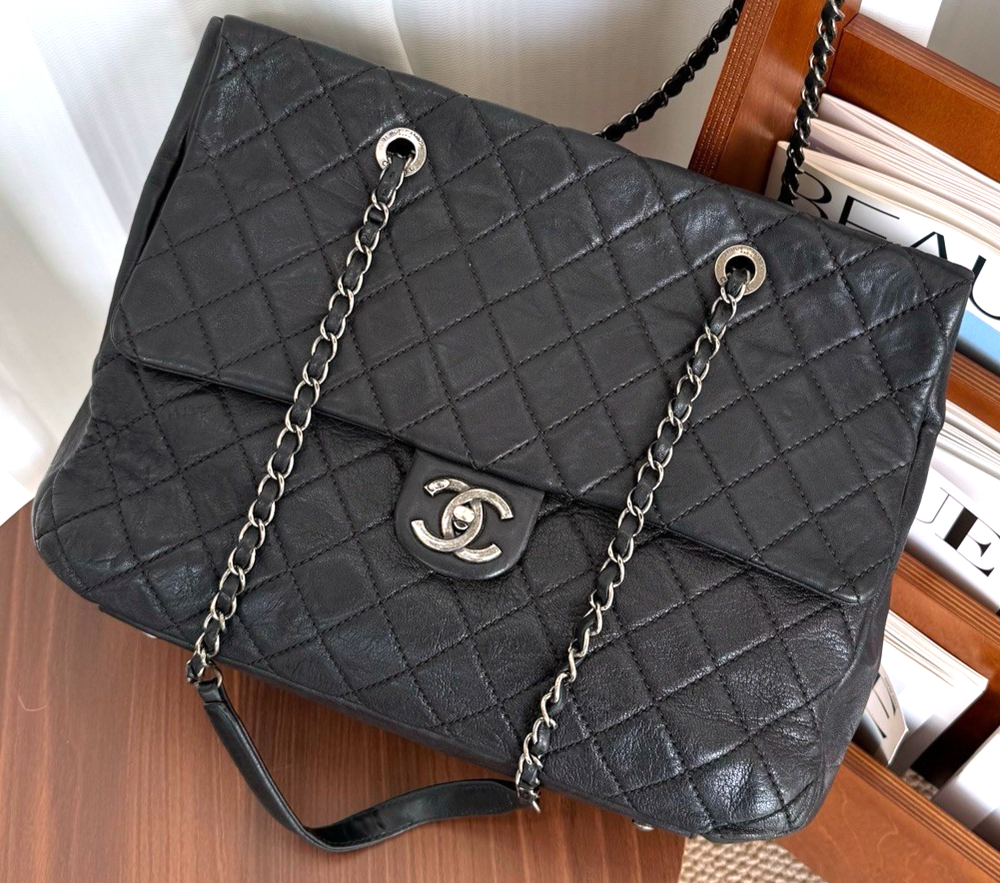 CHANEL Classic Flap Tote Calfskin Chain Shoulder bag Black Silver Women Handbag