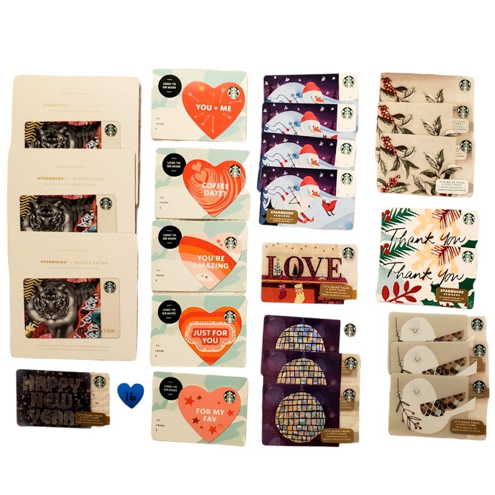 Starbucks Gift Card LOT 16 Die-Cut Heart Tristan Eaton Tiger Disco Ball Thank U-image