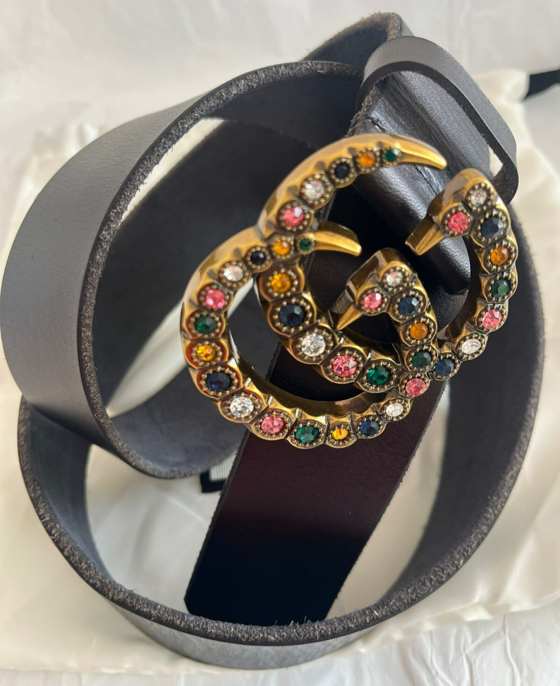 Gucci Black Women's Belt with Color Stone's GG Buckle Size 90 cm Fit's 30-32 W