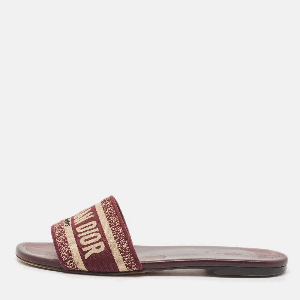 Dior Burgundy Embroidered Canvas Dway Flat Slides Size 38 EU