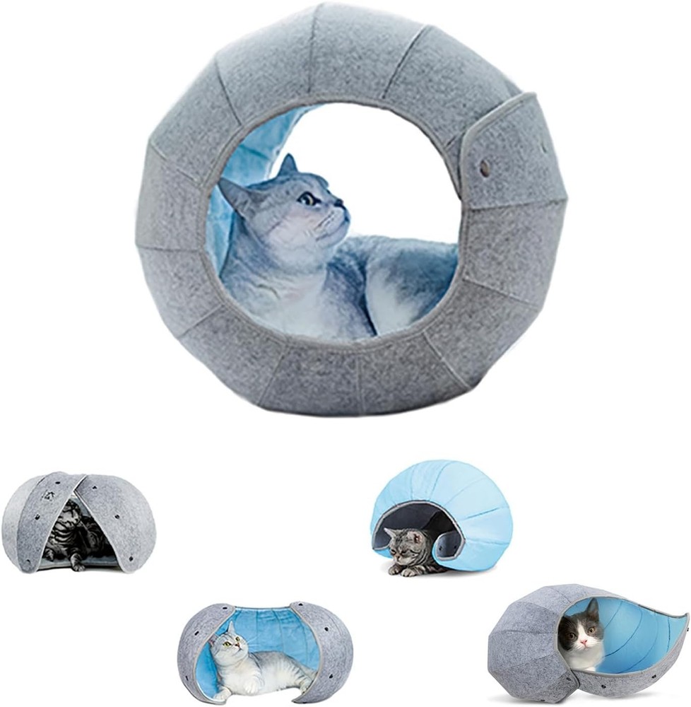 Foldable Cat Tunnel Bed 2-in-1 Interactive Cat Cave & Play Tunnel Toy Blue