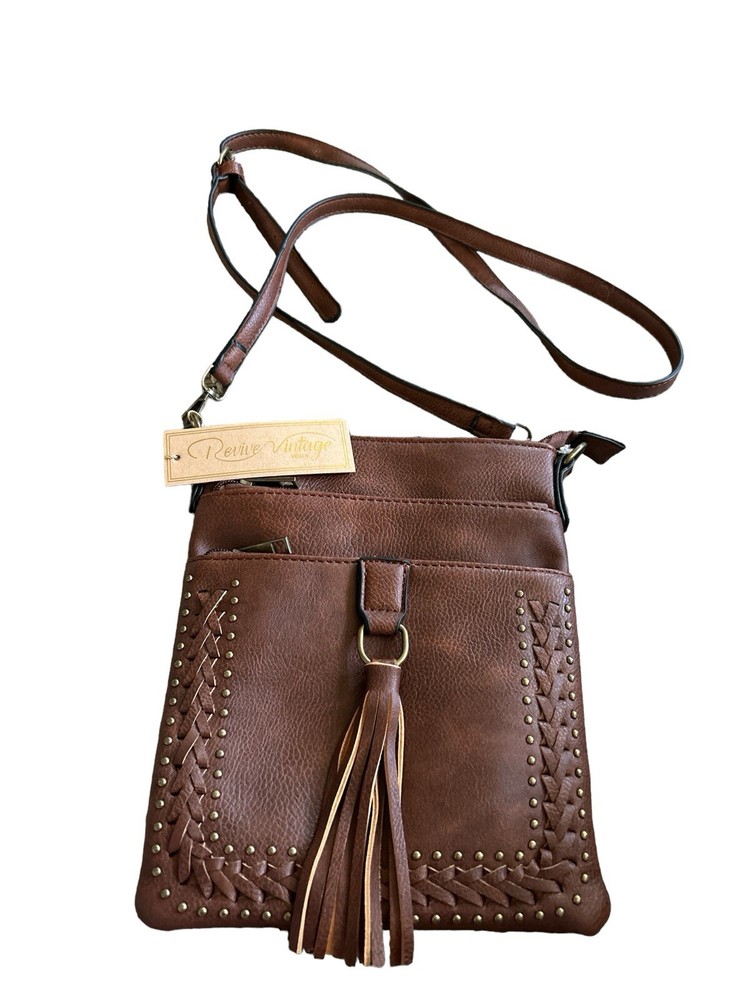 Revive Small Vegan Brown Braided Tassel Crossbody Bag with Zip Pockets and Studs