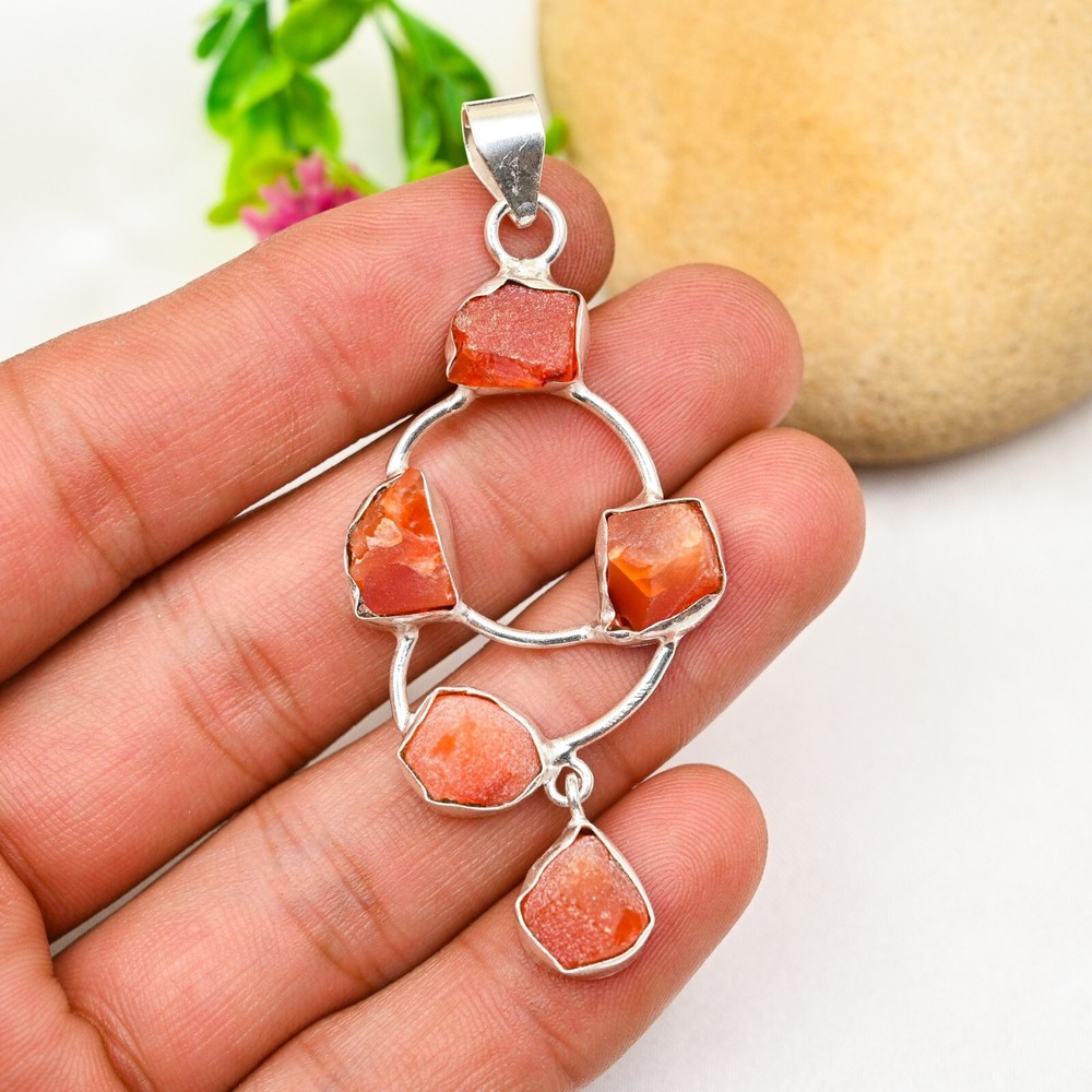Dainty Raw Carnelian Gemstone Pendant 925 Sterling Silver Handmade Jewelry Gift