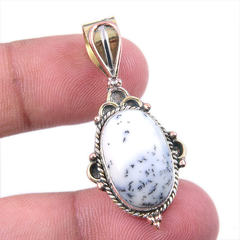 Natural Dendrite Opal 925 Solid Sterling Silver Gift TwoTone Pendant 1.50