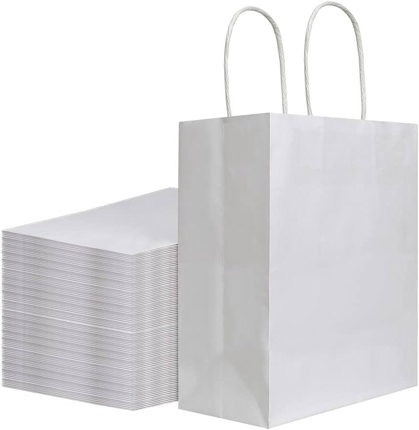 Bagmad 100Pcs Pack 8X4.75X10 Inch Medium White Kraft Paper Bags with Handles Bul