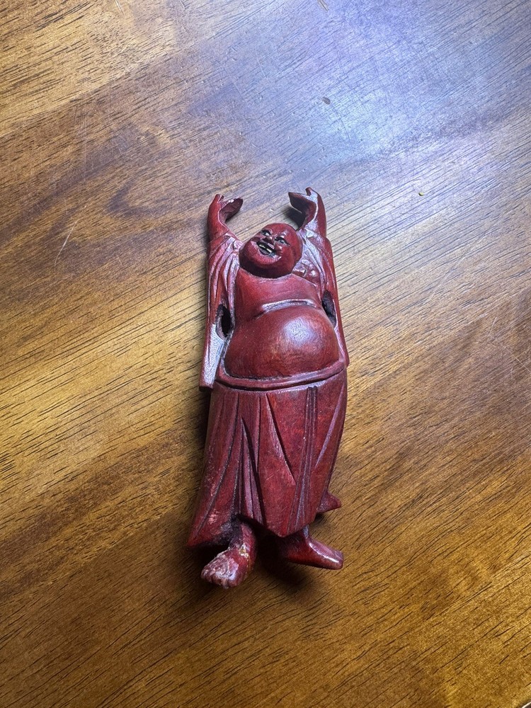 4” Vintage Red Wooden Buddha Dancing Figure