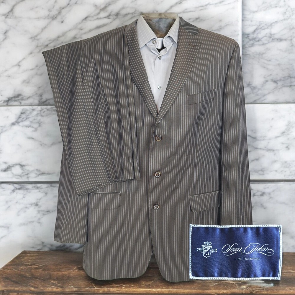 Sean John 2 Piece Suit Mens 44L 34X31 Brown Stripe 3 Button Double Vented Wool