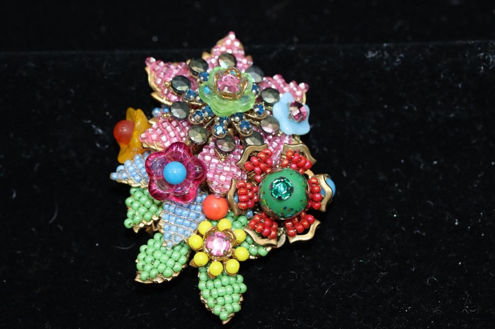 Vintage Signed Stanley Hagler Flower Floral Brooch Pin Greens Pinks Blues Yellow