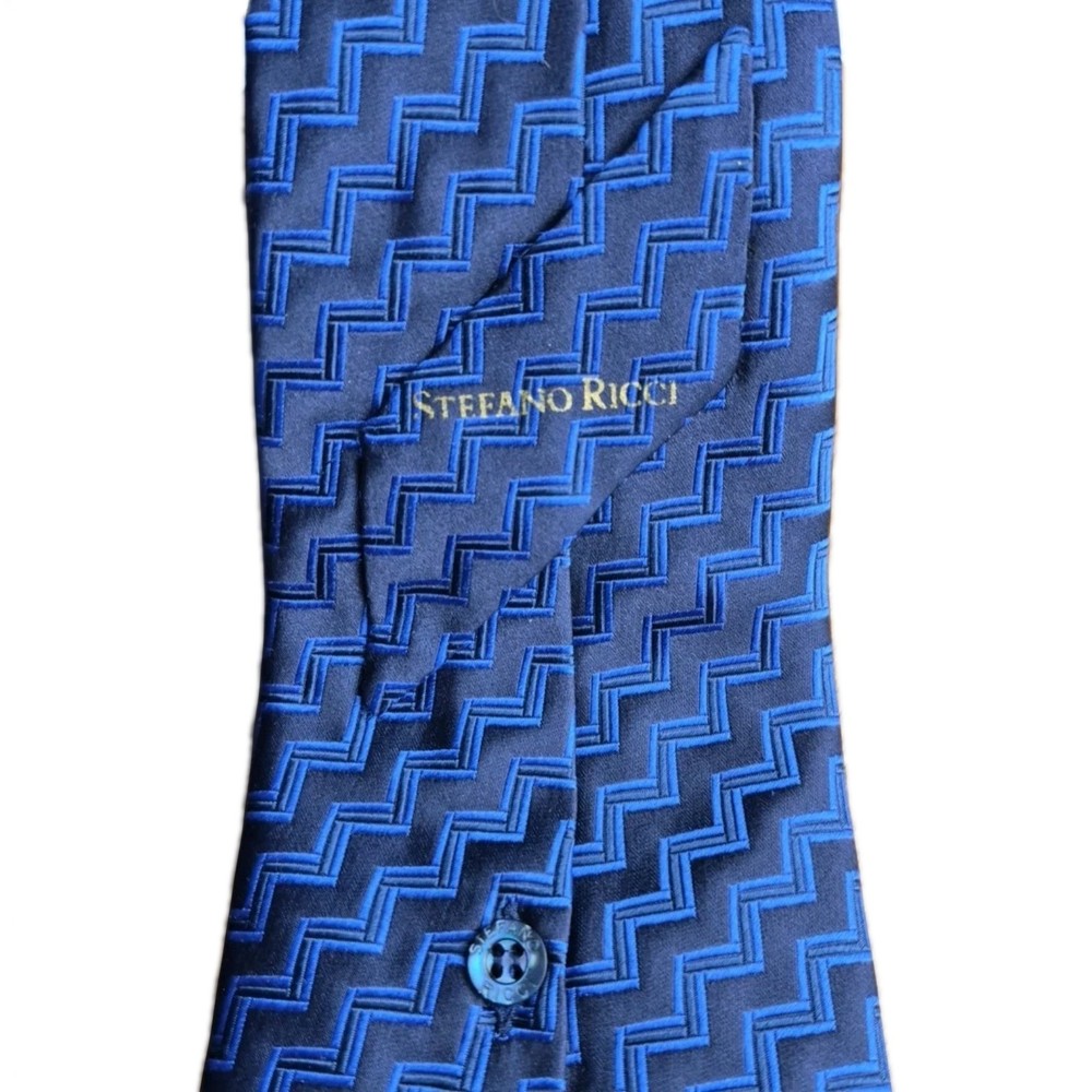 STEFANO RICCI Tie NAVY BLUE Zig Zag Silk Italy Mother Pearl Button Chevron Mint