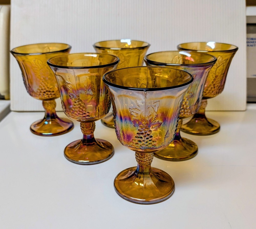 Set of 6 Vtg. Indiana Iridescent Amber Carnival Glass Harvest Grape Goblets