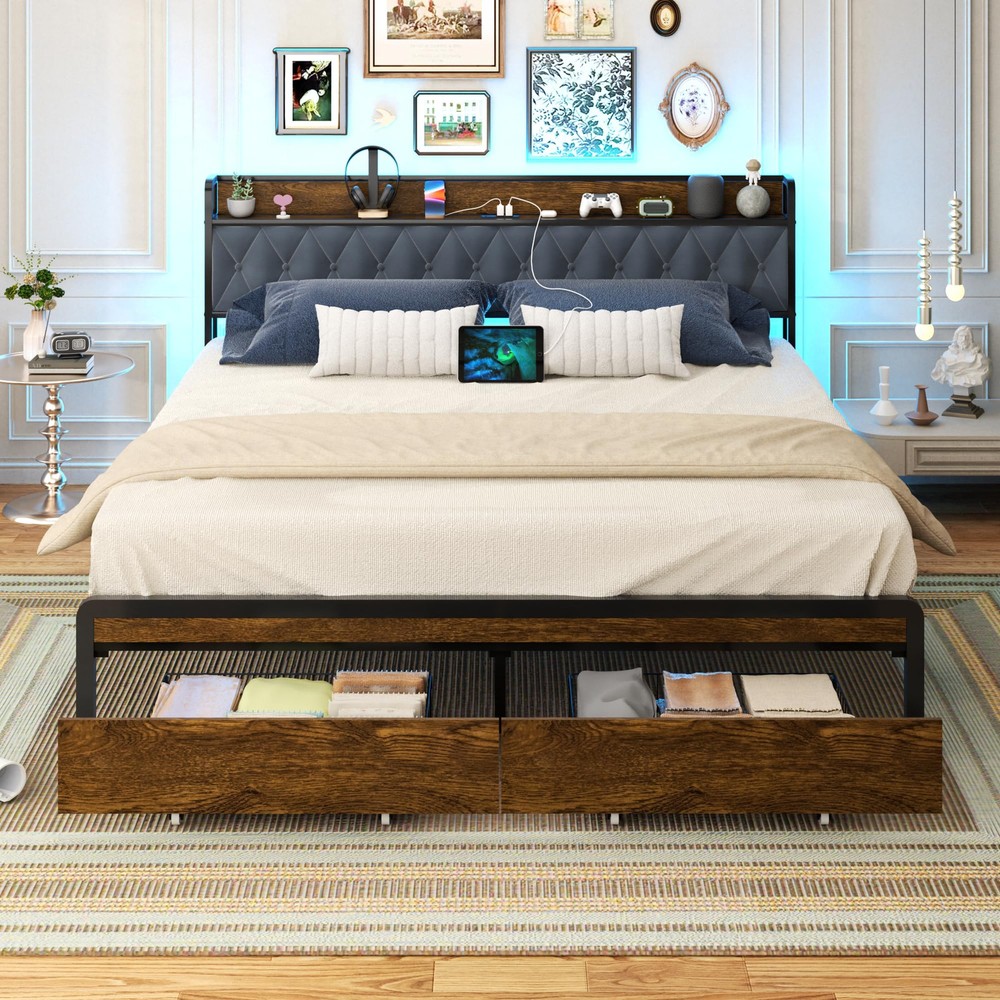 King Size Metal Platform Bed Frame with 2 Storage Drawers & LED Light, Uphols...