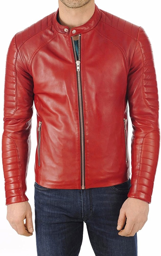 Men's Slim Fit Red Lambskin Leather Motorcycle Jacket with Collar