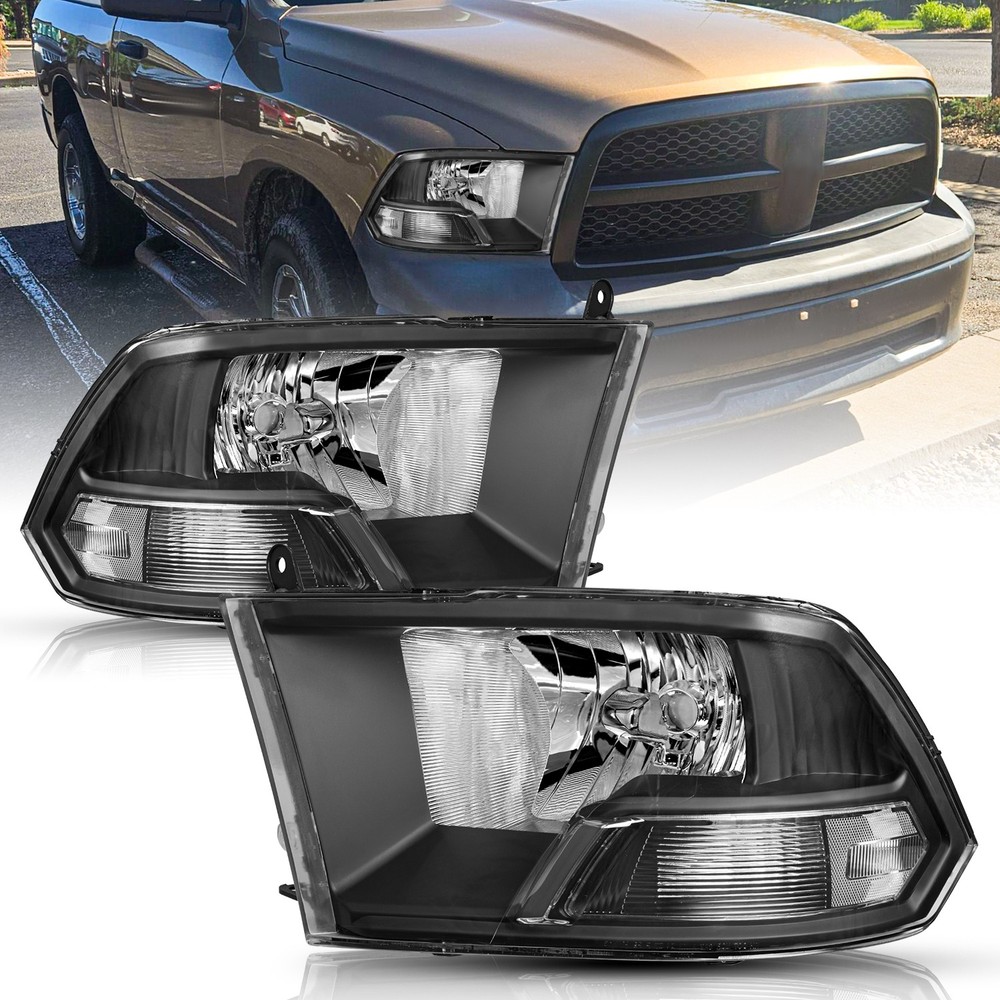 Headlights For 2009-2012 Dodge Ram 1500 2500 3500 Dual Black Pair Lamps