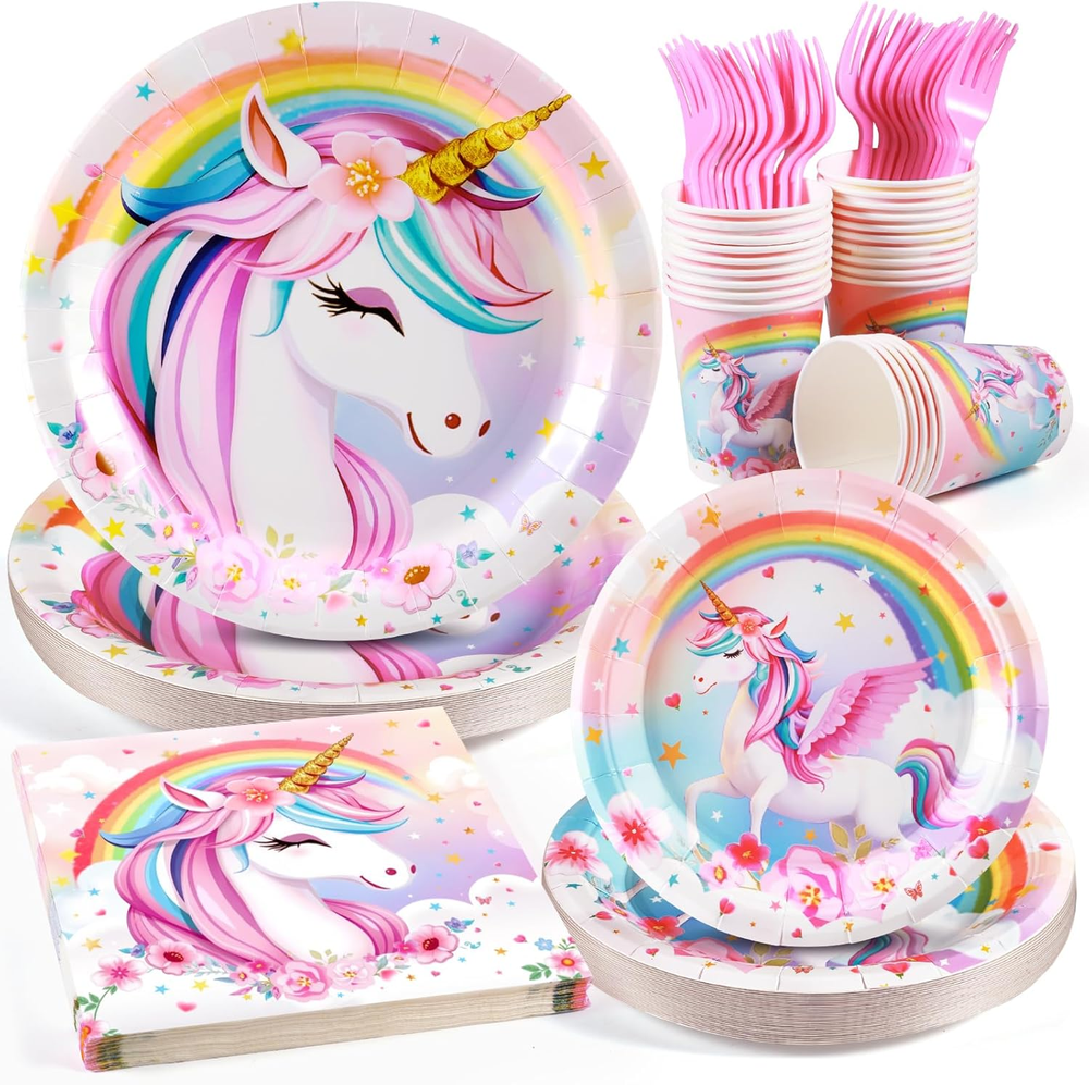 Unicorn Birthday Party Supplies Set, Disposable Tableware for 24 Guests, Include