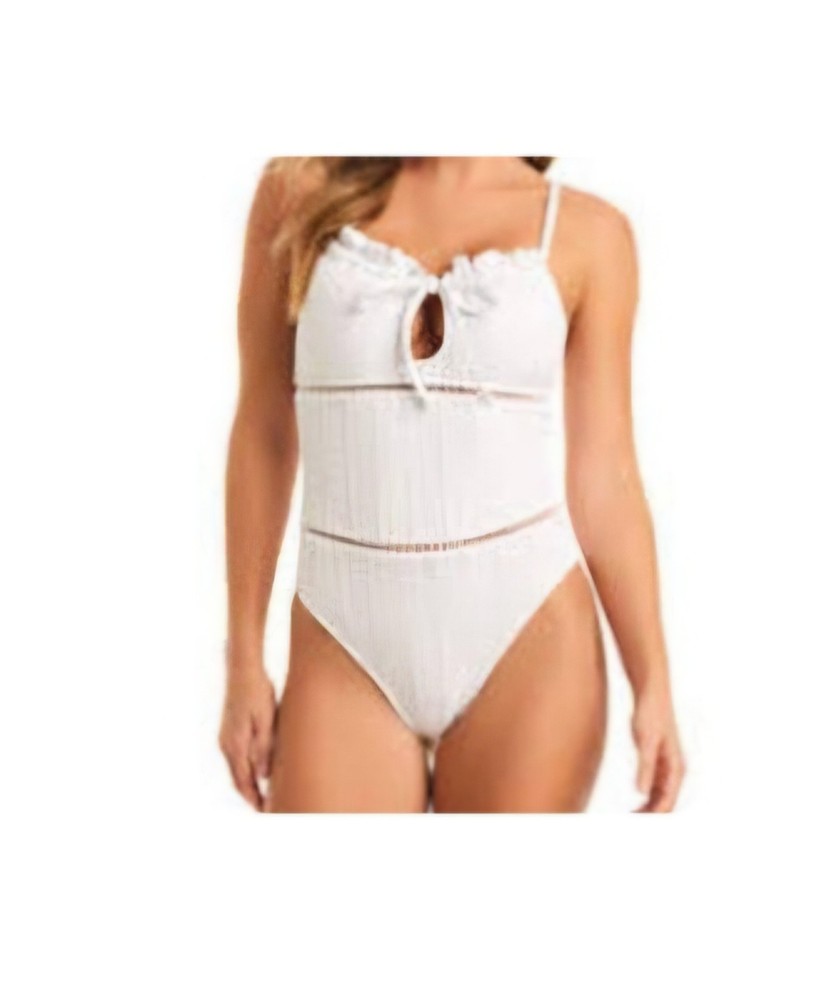 Jessica Simpson Stripe Crochet Ruffle Mio Swimsuit One Piece Women's Sz M
