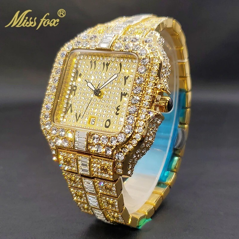 Arabic Hip Hop Ice out Luxury Men's Watch Iced Bling Gold Baguette Diamonds