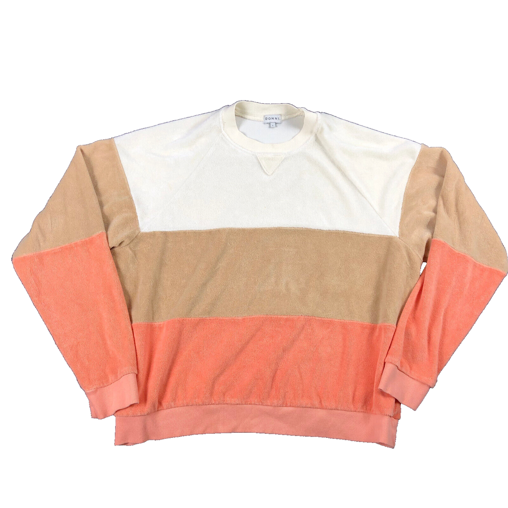 Donni. Terry Sweatshirt Top Orange Beige Stripe Crewneck Long Sleeve Size Large